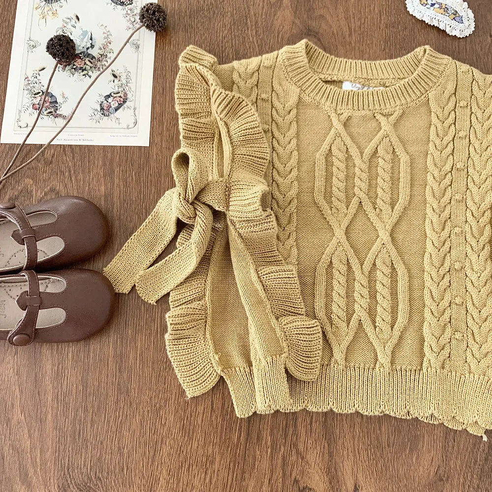 deer jonmi 2026 Autumn Korean Style Baby Girls Knitted Vests Ruffles Bowknot Shawl Children Chic Waistcoats