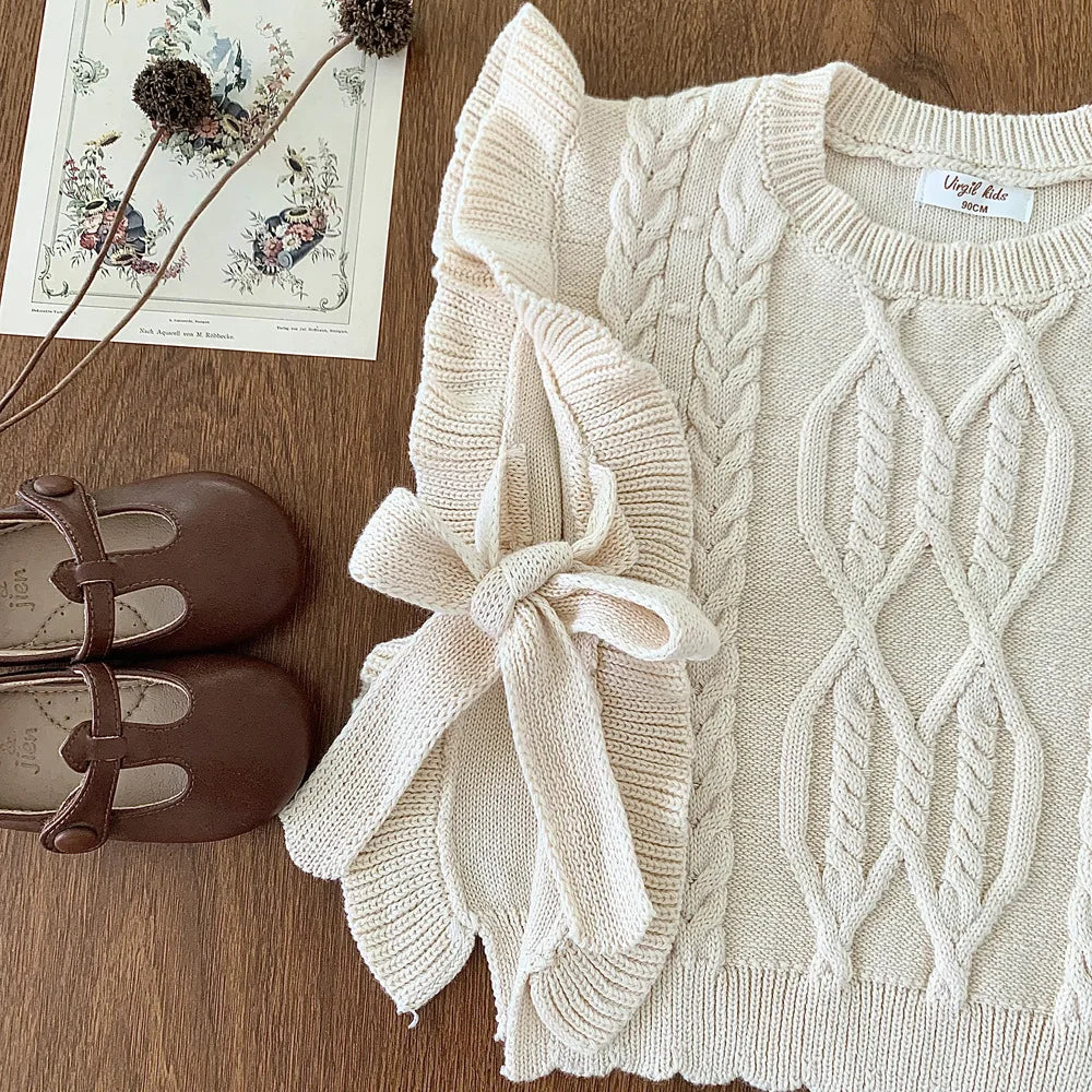 deer jonmi 2026 Autumn Korean Style Baby Girls Knitted Vests Ruffles Bowknot Shawl Children Chic Waistcoats