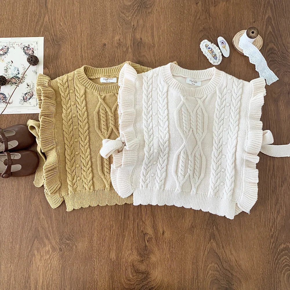 deer jonmi 2026 Autumn Korean Style Baby Girls Knitted Vests Ruffles Bowknot Shawl Children Chic Waistcoats