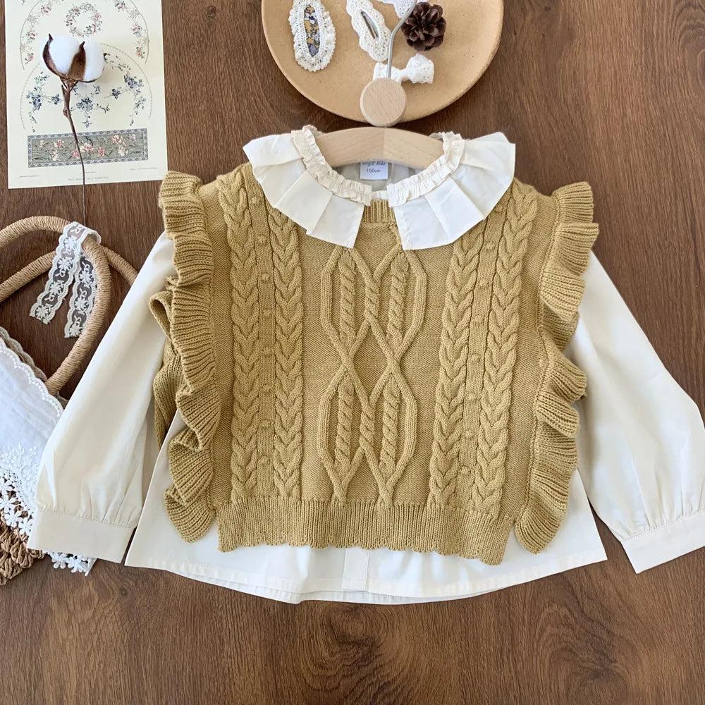 deer jonmi 2026 Autumn Korean Style Baby Girls Knitted Vests Ruffles Bowknot Shawl Children Chic Waistcoats