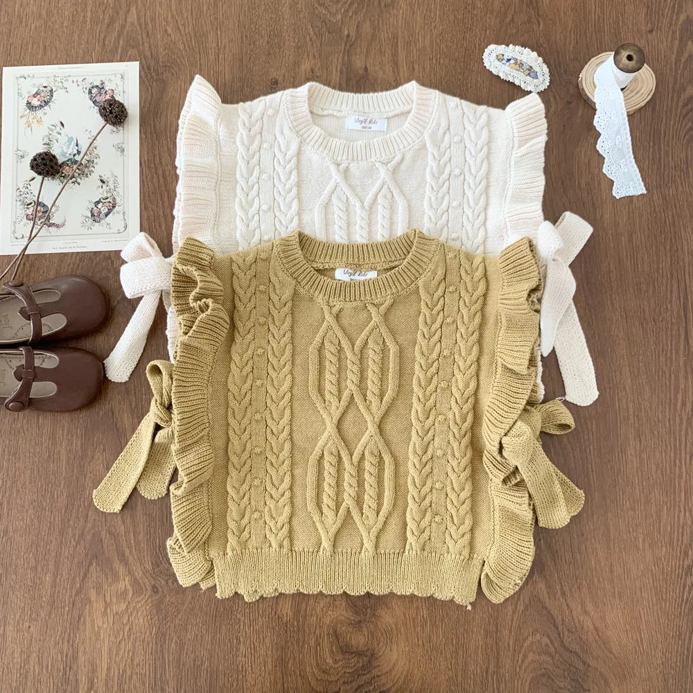deer jonmi 2026 Autumn Korean Style Baby Girls Knitted Vests Ruffles Bowknot Shawl Children Chic Waistcoats
