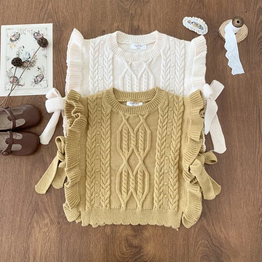 deer jonmi 2026 Autumn Korean Style Baby Girls Knitted Vests Ruffles Bowknot Shawl Children Chic Waistcoats