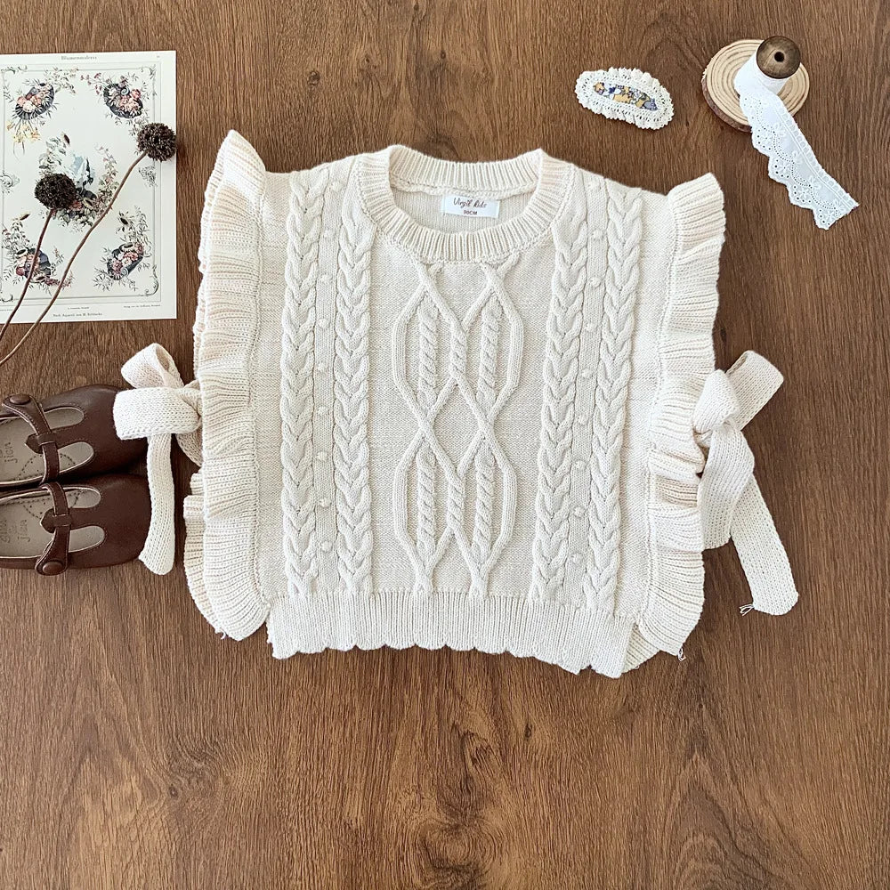 deer jonmi 2026 Autumn Korean Style Baby Girls Knitted Vests Ruffles Bowknot Shawl Children Chic Waistcoats