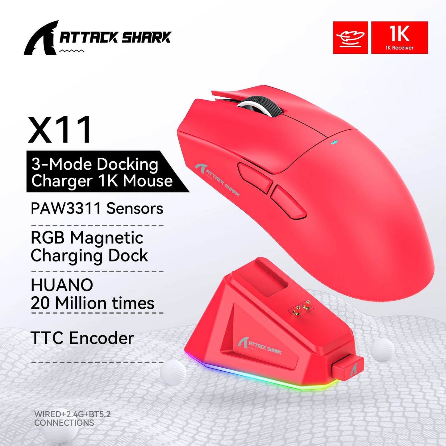 X11 ATTACK SHARK X11SE Gaming Mouse Wireless 22000 DPI,PixArt PAW3311 Sensor,BT/2.4G/Wired,59g Lightweight,2000W Clicks