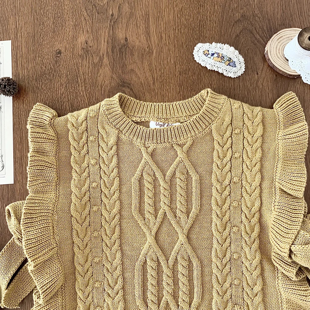 deer jonmi 2026 Autumn Korean Style Baby Girls Knitted Vests Ruffles Bowknot Shawl Children Chic Waistcoats