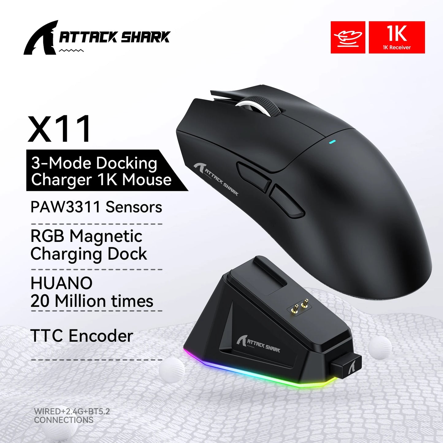 X11 ATTACK SHARK X11SE Gaming Mouse Wireless 22000 DPI,PixArt PAW3311 Sensor,BT/2.4G/Wired,59g Lightweight,2000W Clicks