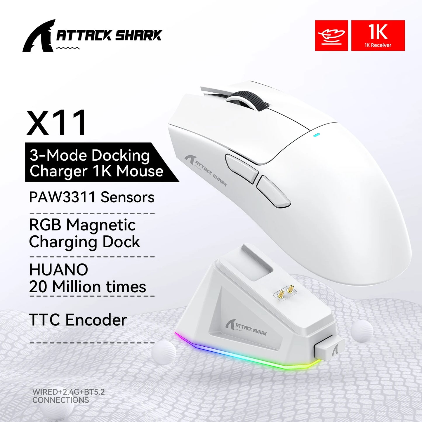 X11 ATTACK SHARK X11SE Gaming Mouse Wireless 22000 DPI,PixArt PAW3311 Sensor,BT/2.4G/Wired,59g Lightweight,2000W Clicks