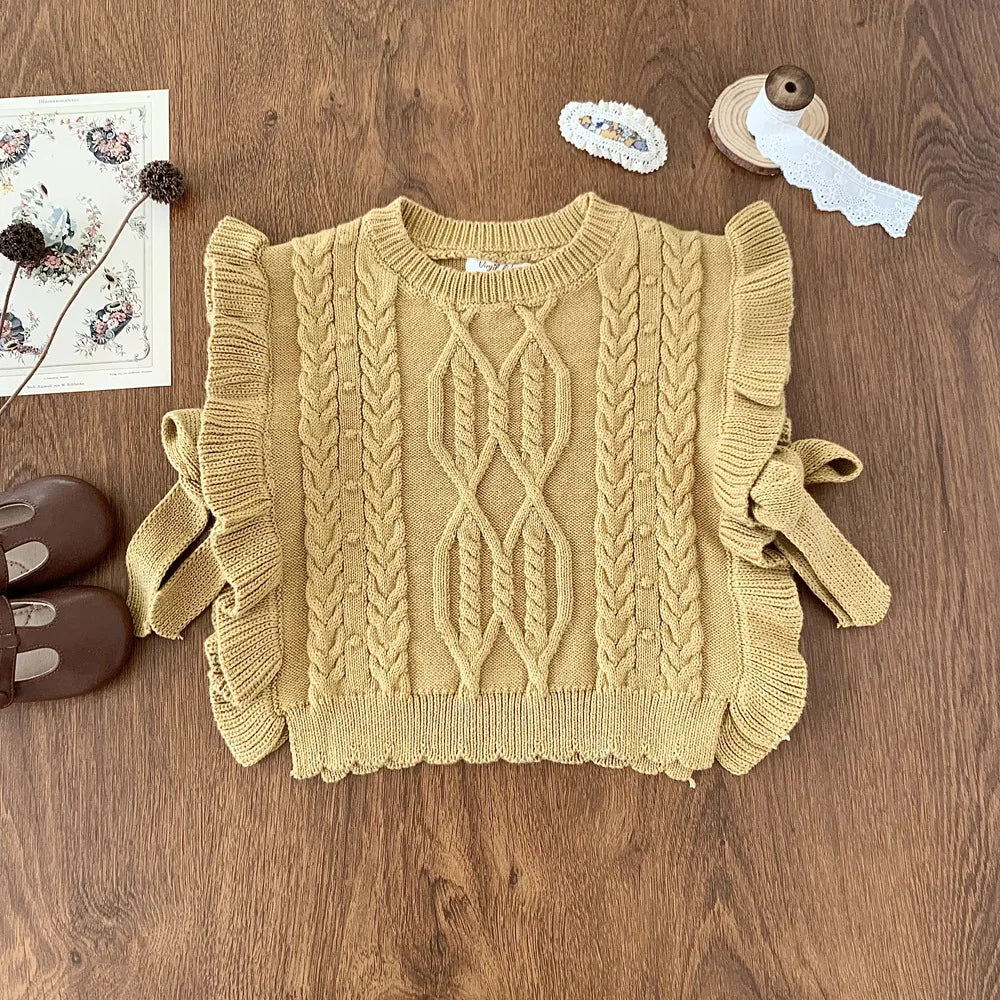 deer jonmi 2026 Autumn Korean Style Baby Girls Knitted Vests Ruffles Bowknot Shawl Children Chic Waistcoats